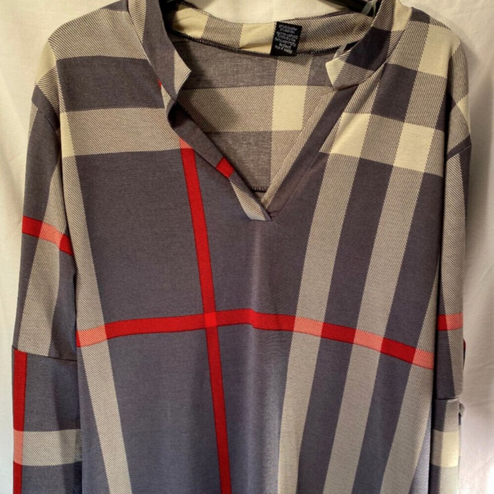 LILDY Womens L-XL Gray Red Line Plaid Pullover Blouse Shirt w/Bell Sleeves